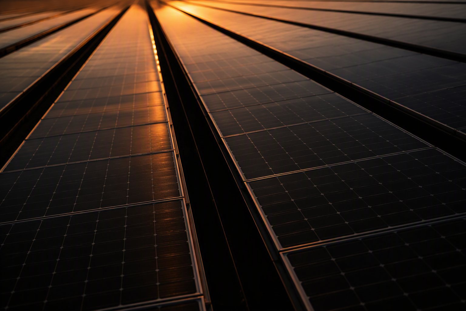 Rows of photovoltaic panels at dusk, edges traced with warm golden light