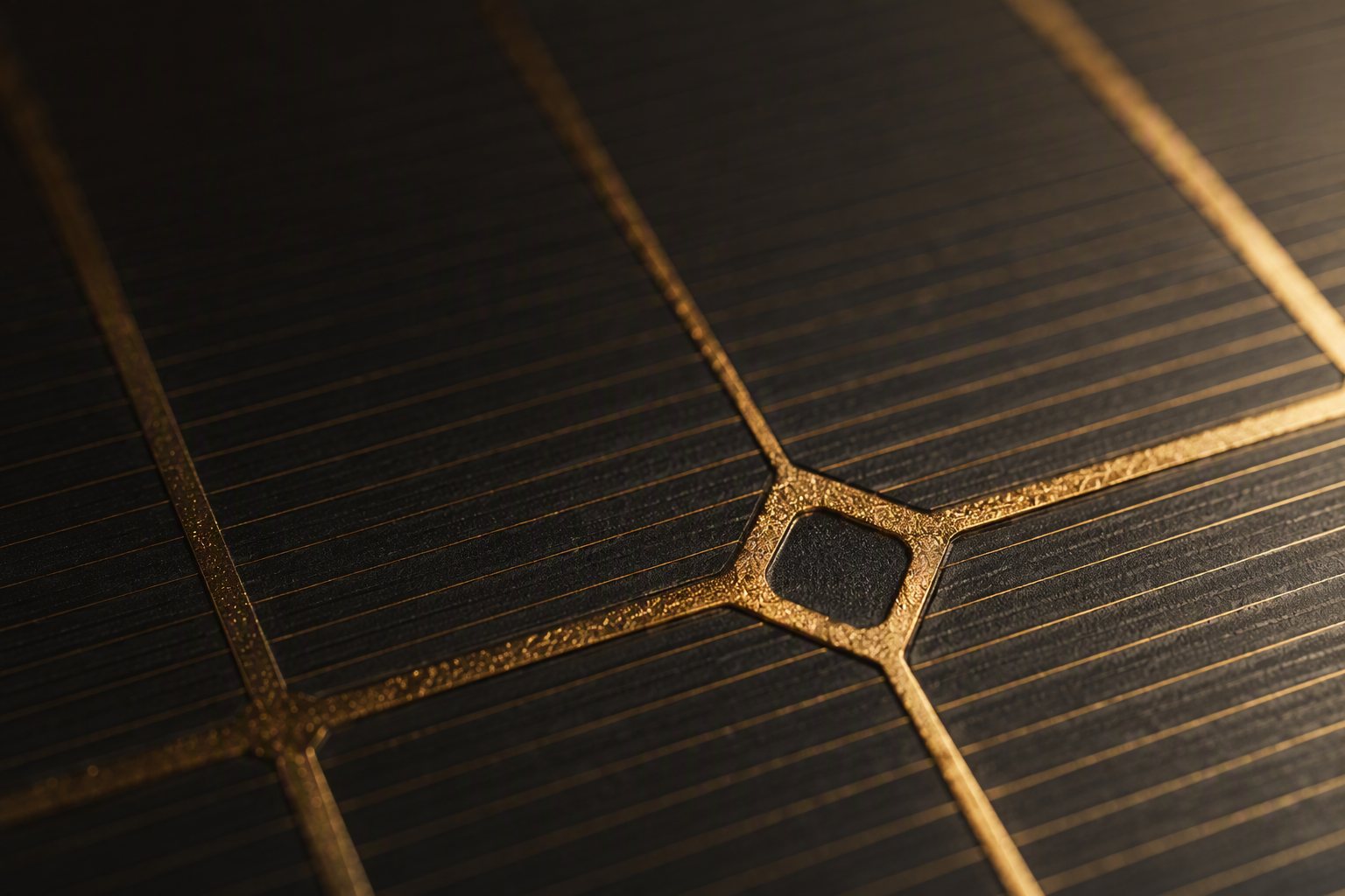 Macro detail of a solar cell surface with golden conductor lines